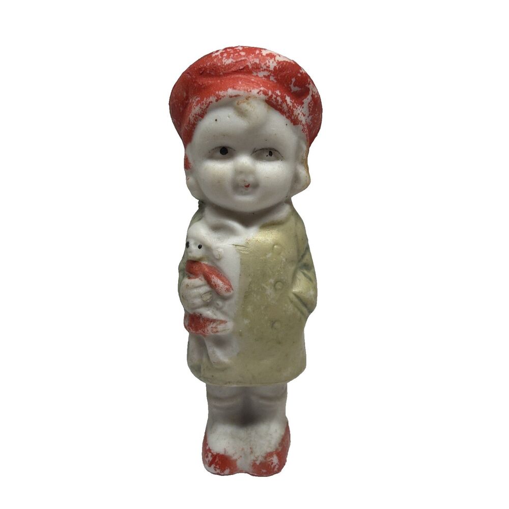 Vintage Bisque Frozen Charlotte Penny Doll Japan Girl with Puppy Figurine 3"
